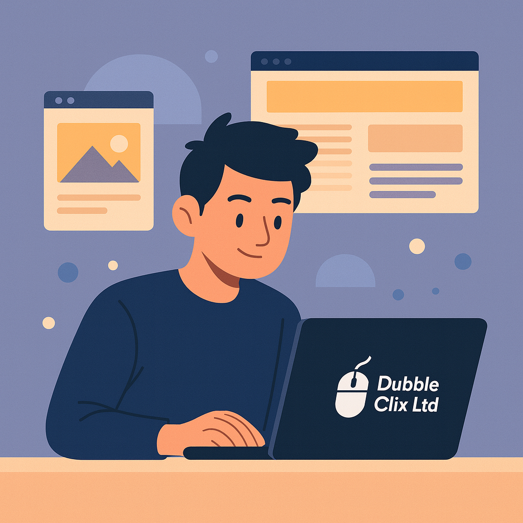 cartoon picture of man working on dubble clix laptop